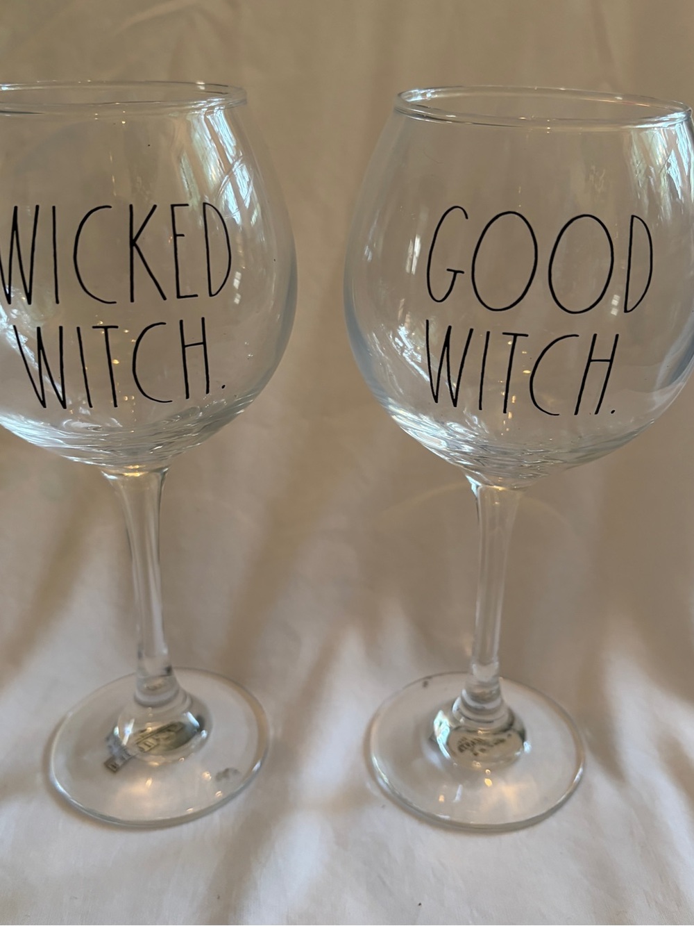 RARE, HTF Rae Dunn Long-Stemmed Wicked-/Good-Witch Halloween Wine Glasses ~ NEW